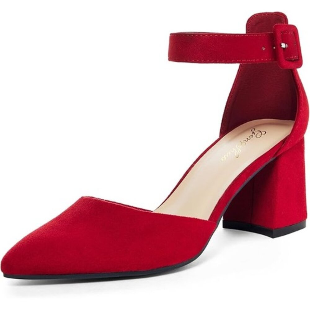 NWT Women’s Red Closed Pointed Toe Low Block Chunky Heels Pumps- Size 10